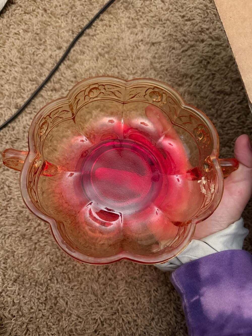 Vintage Jeannette Glass Aztec Rose Amberina Double Handled Candy Dish